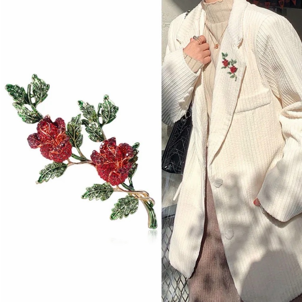 Red Crystal Rose Brooch | Floral Rhinestone Statement Pin - Picture 5 of 5